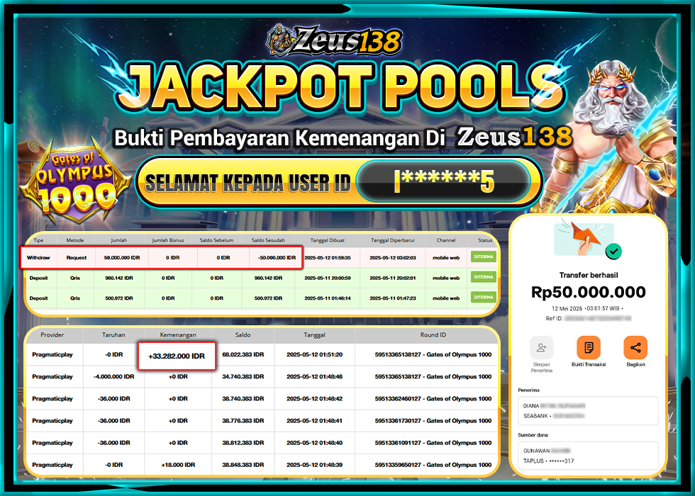 ZEUS138 GATES OF OLYMPUS 1000 Rp.50.000.000,- LUNAS